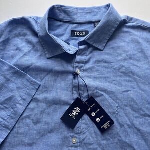 New Izod Blue Linen Poly Premium Essential Short Sleeve Shirt Mens XLT